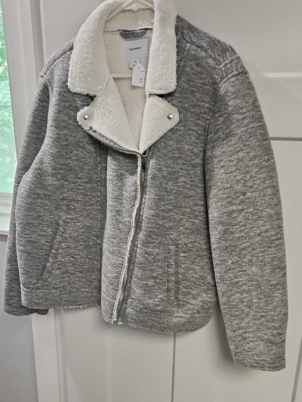 Old Navy Gray Sherpa-Lined Moto Puffer Jacket